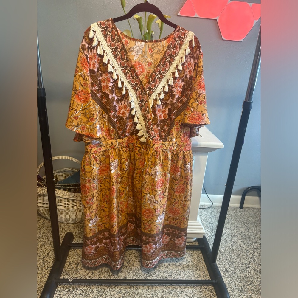 Plus size cotton blend orange Boho Midi dress